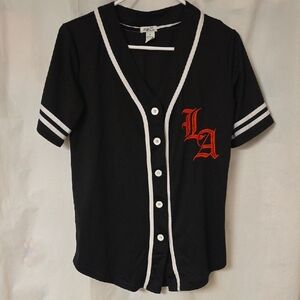 Rue21 Black Button-Up Shirt with White Trim and Red LA Logo